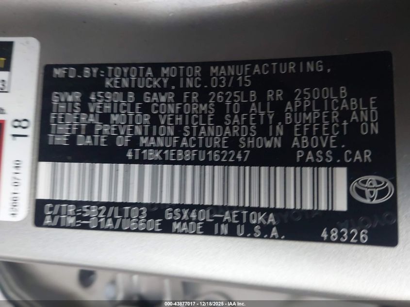 2015 Toyota Avalon Xle Touring VIN: 4T1BK1EB8FU162247 Lot: 43877017