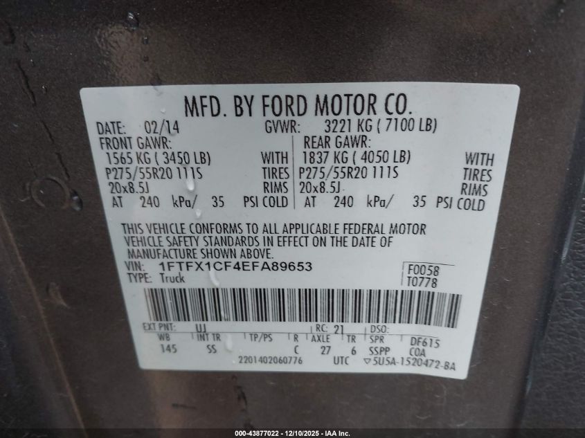 2014 Ford F-150 Stx VIN: 1FTFX1CF4EFA89653 Lot: 43877022