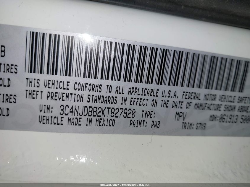 2019 Jeep Compass Latitude 4X4 VIN: 3C4NJDBB2KT827920 Lot: 43877027