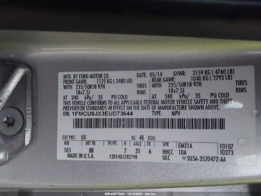 2014 Ford Escape Titanium VIN: 1FMCU9JX3EUD73644 Lot: 43877040