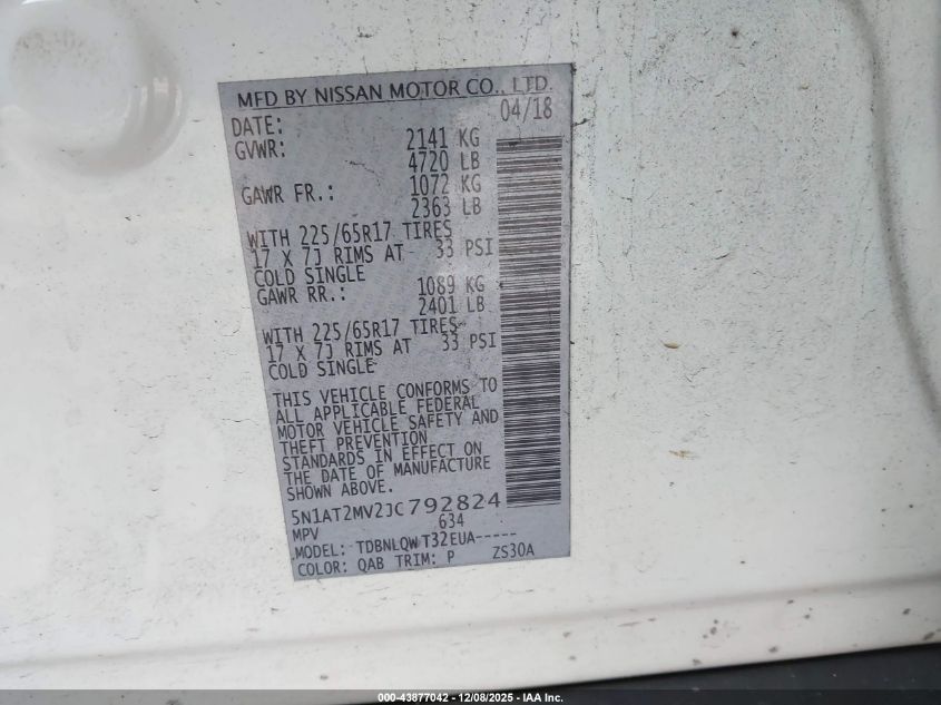 2018 Nissan Rogue Sv VIN: 5N1AT2MV2JC792824 Lot: 43877042