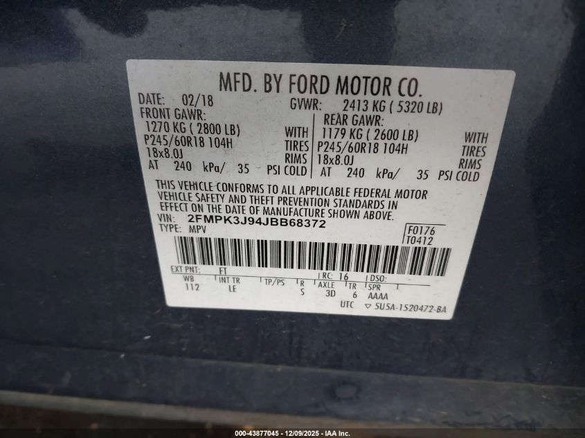 2018 Ford Edge Sel VIN: 2FMPK3J94JBB68372 Lot: 43877045