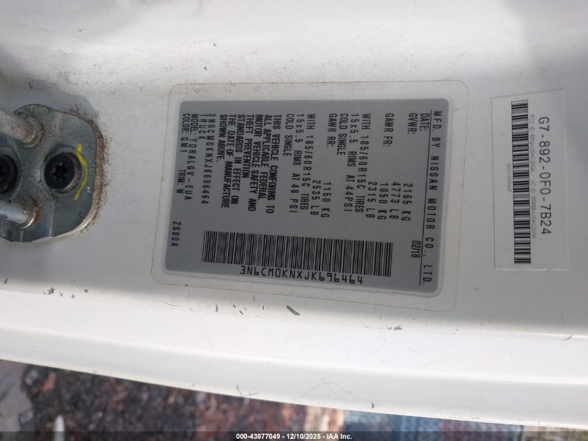 2018 Nissan Nv200 Sv VIN: 3N6CM0KNXJK696464 Lot: 43877049