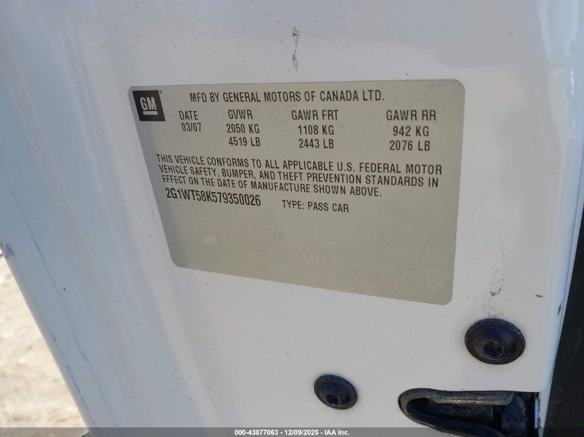 2007 Chevrolet Impala Lt VIN: 2G1WT58K579350026 Lot: 43877063