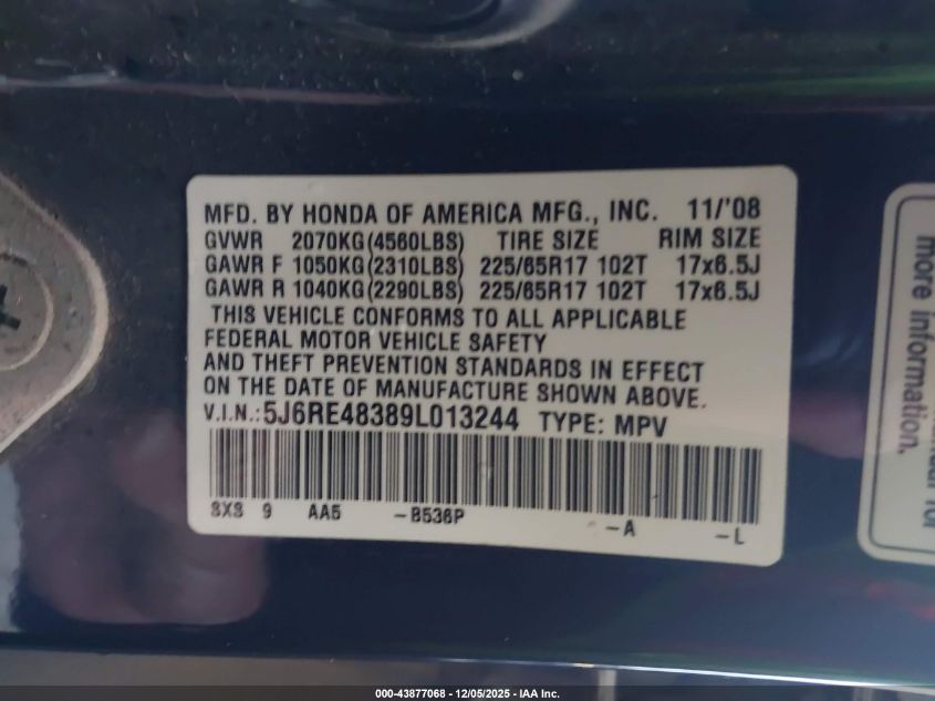 2009 Honda Cr-V Lx VIN: 5J6RE48389L013244 Lot: 43877068