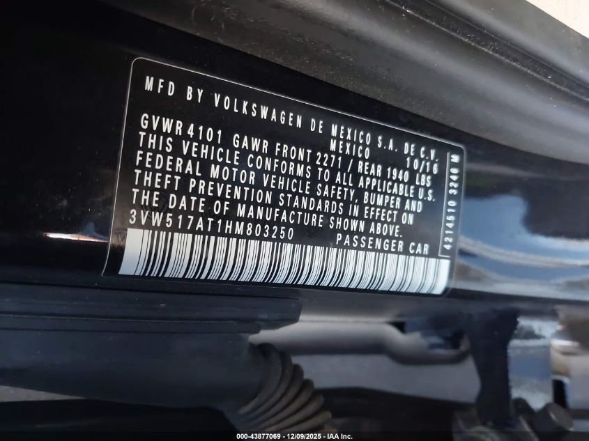 2017 Volkswagen Beetle #Pinkbeetle/1.8T Classic/1.8T S/1.8T Se/1.8T Sel VIN: 3VW517AT1HM803250 Lot: 43877069