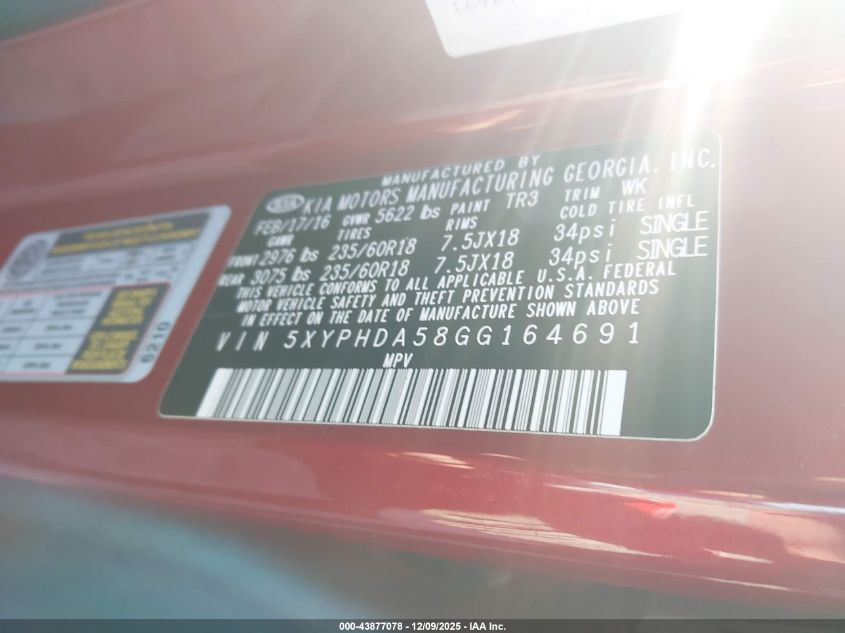 2016 Kia Sorento 3.3L Ex VIN: 5XYPHDA58GG164691 Lot: 43877078