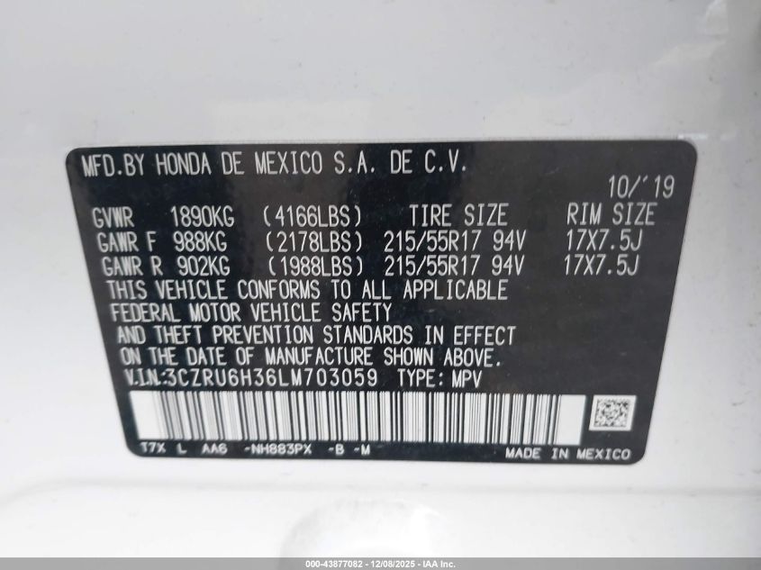 2020 Honda Hr-V Awd Lx VIN: 3CZRU6H36LM703059 Lot: 43877082
