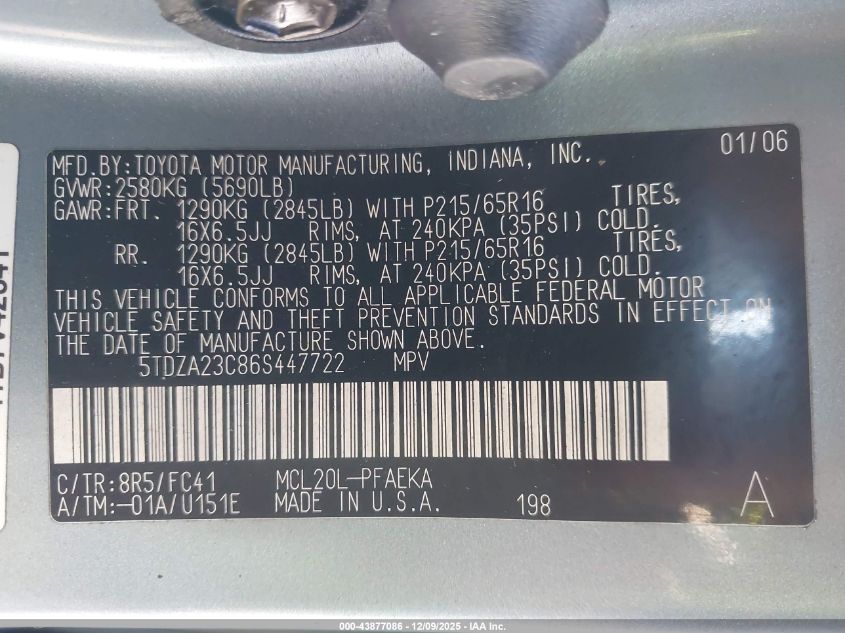 2006 Toyota Sienna Le VIN: 5TDZA23C86S447722 Lot: 43877086