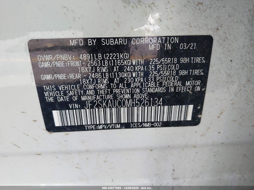 2021 Subaru Forester Limited VIN: JF2SKAUC0MH526134 Lot: 43877089