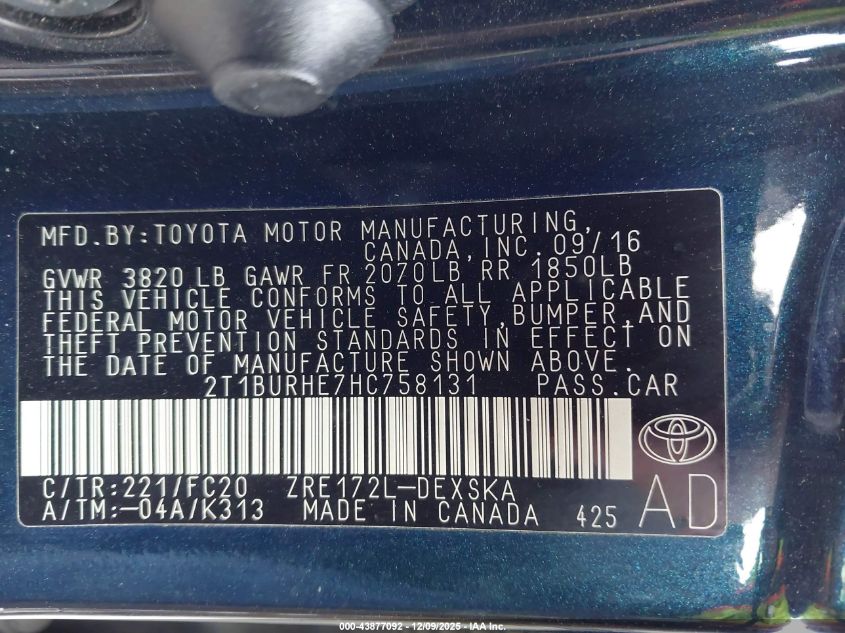 2017 Toyota Corolla Se VIN: 2T1BURHE7HC758131 Lot: 43877092