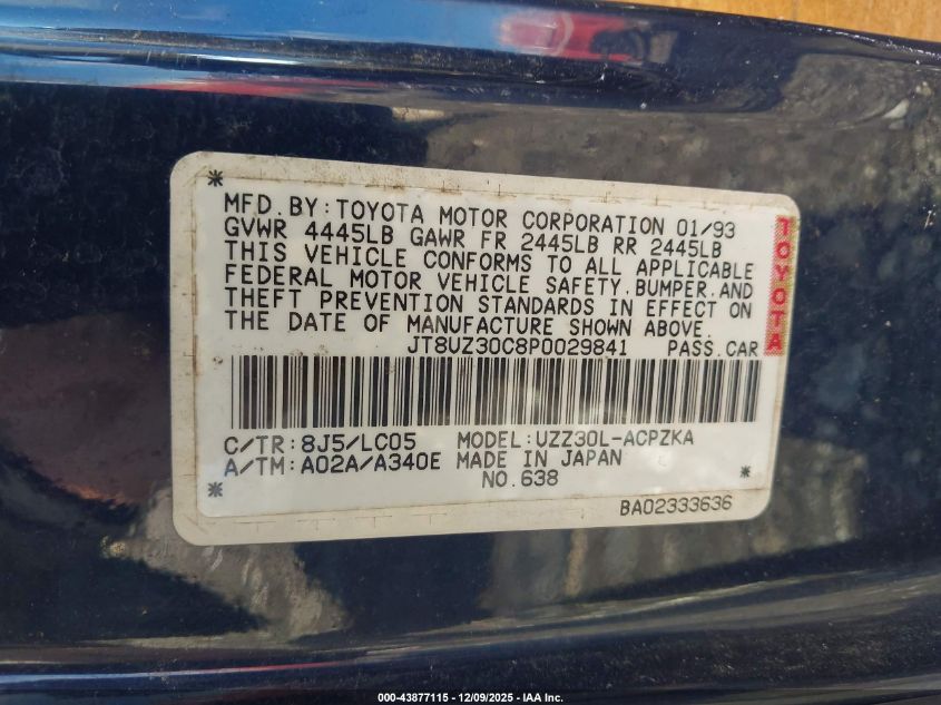 1993 Lexus Sc 400 VIN: JT8UZ30C8P0029841 Lot: 43877115