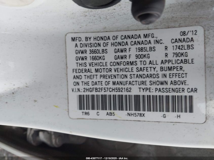 2012 Honda Civic Lx VIN: 2HGFB2F57CH592162 Lot: 43877117