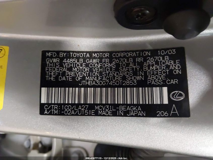 2004 Lexus Es 330 VIN: JTHBA30G745012853 Lot: 43877119