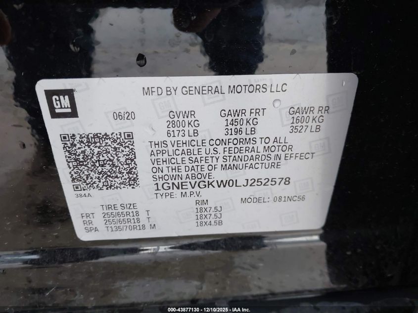 2020 Chevrolet Traverse Awd Lt Cloth VIN: 1GNEVGKW0LJ252578 Lot: 43877130