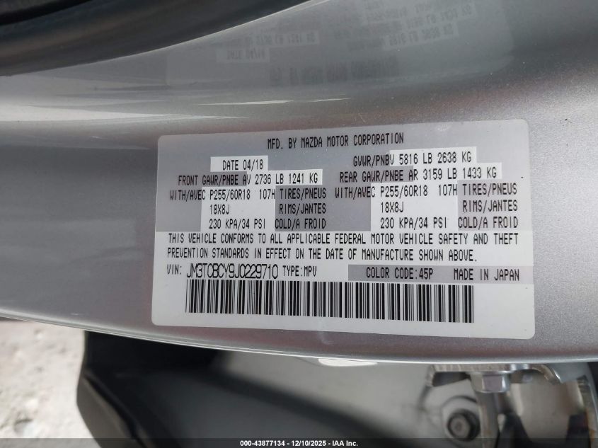 2018 Mazda Cx-9 Touring VIN: JM3TCBCY9J0229710 Lot: 43877134