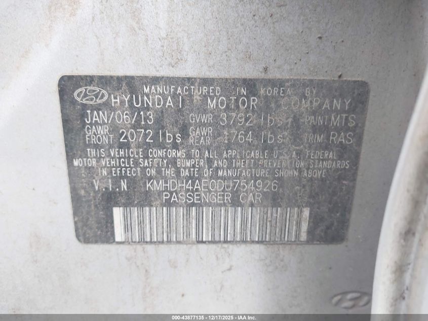 2013 Hyundai Elantra Gls VIN: KMHDH4AE0DU754926 Lot: 43877135