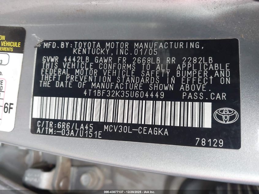 2005 Toyota Camry Xle V6 VIN: 4T1BF32K35U604449 Lot: 43877137