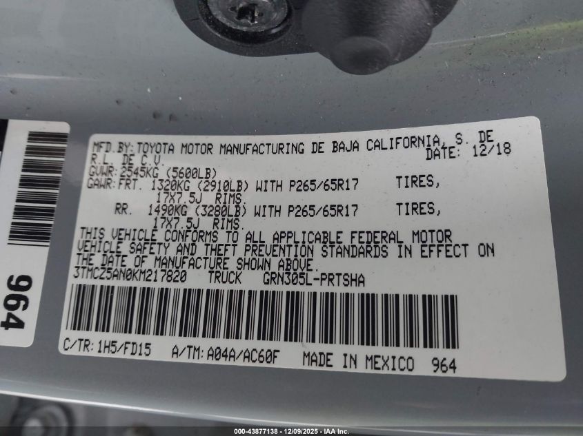 2019 Toyota Tacoma Trd Sport VIN: 3TMCZ5AN0KM217820 Lot: 43877138