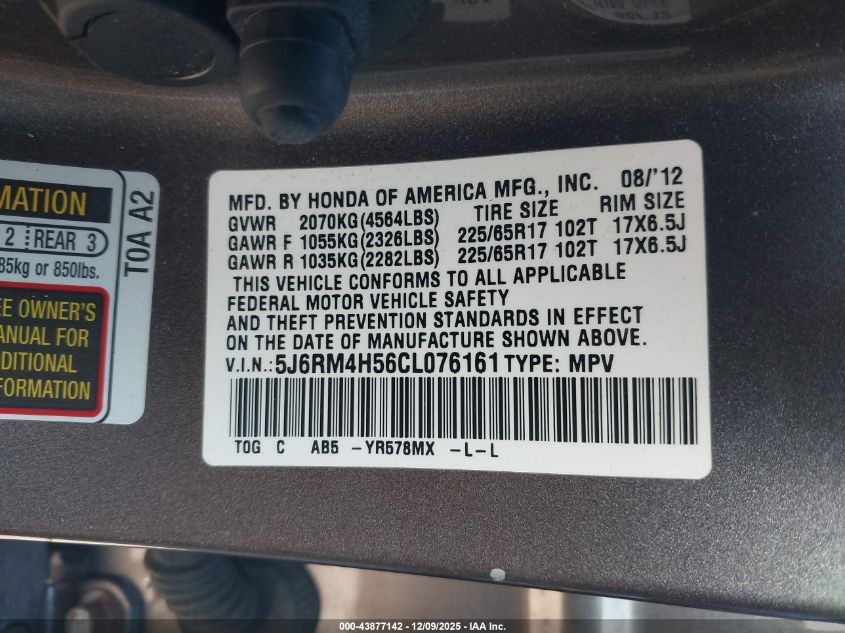 2012 Honda Cr-V Ex VIN: 5J6RM4H56CL076161 Lot: 43877142