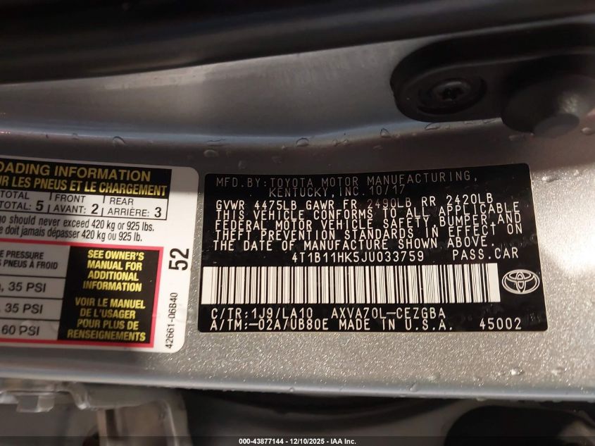 2018 Toyota Camry Xle VIN: 4T1B11HK5JU033759 Lot: 43877144