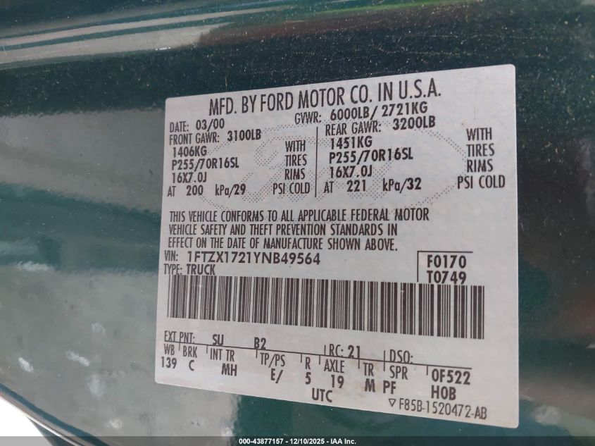 2000 Ford F-150 Work Series/Xl/Xlt VIN: 1FTZX1721YNB49564 Lot: 43877157