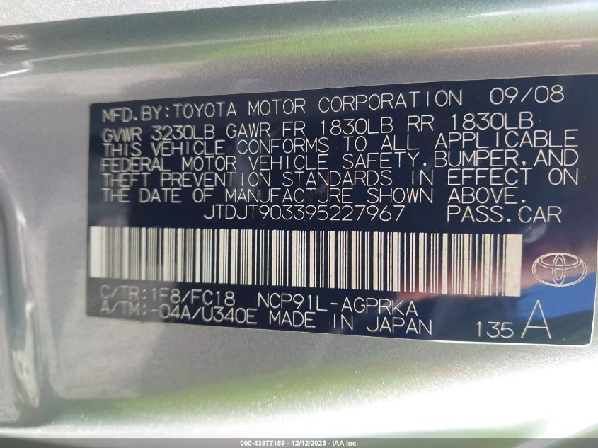 2009 Toyota Yaris VIN: JTDJT903395227967 Lot: 43877159