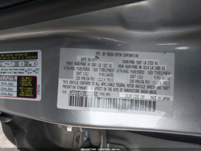 2011 Mazda Cx-9 Grand Touring VIN: JM3TB3DV0B0300890 Lot: 43877160