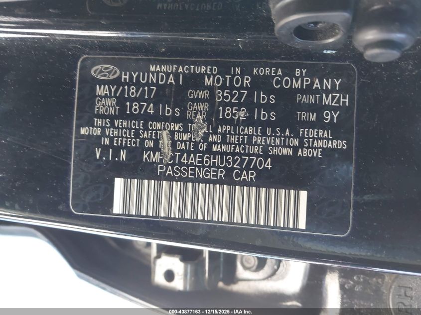 2017 Hyundai Accent Se VIN: KMHCT4AE6HU327704 Lot: 43877163