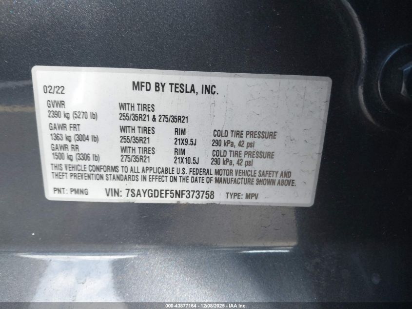 2022 Tesla Model Y Performance Dual Motor All-Wheel Drive VIN: 7SAYGDEF5NF373758 Lot: 43877164