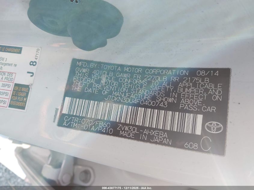 2015 Toyota Prius Two VIN: JTDKN3DU4F0400743 Lot: 43877175