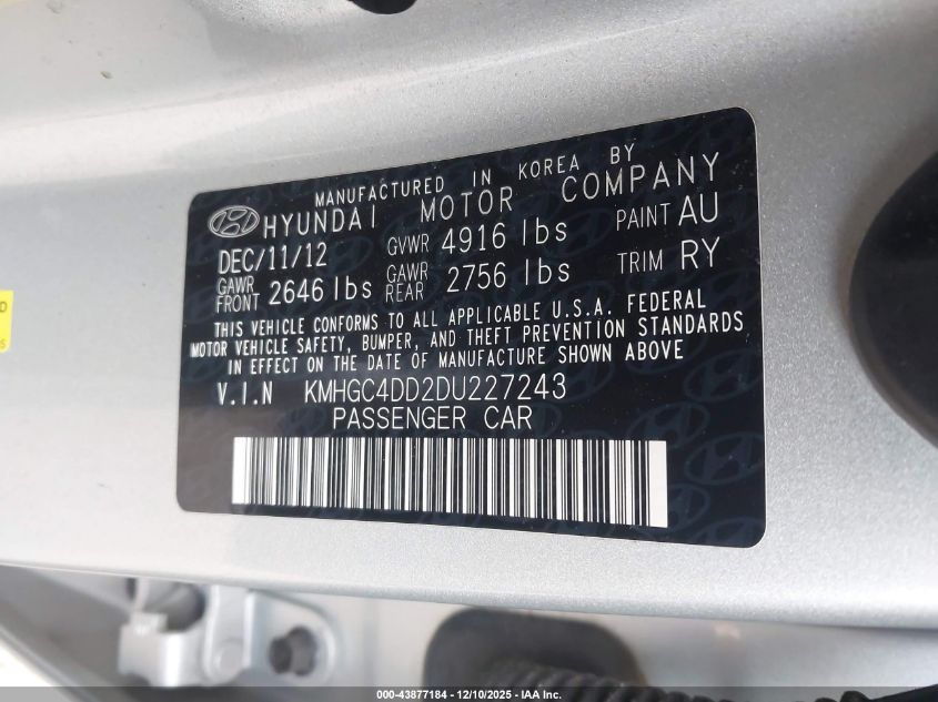 2013 Hyundai Genesis 3.8 VIN: KMHGC4DD2DU227243 Lot: 43877184