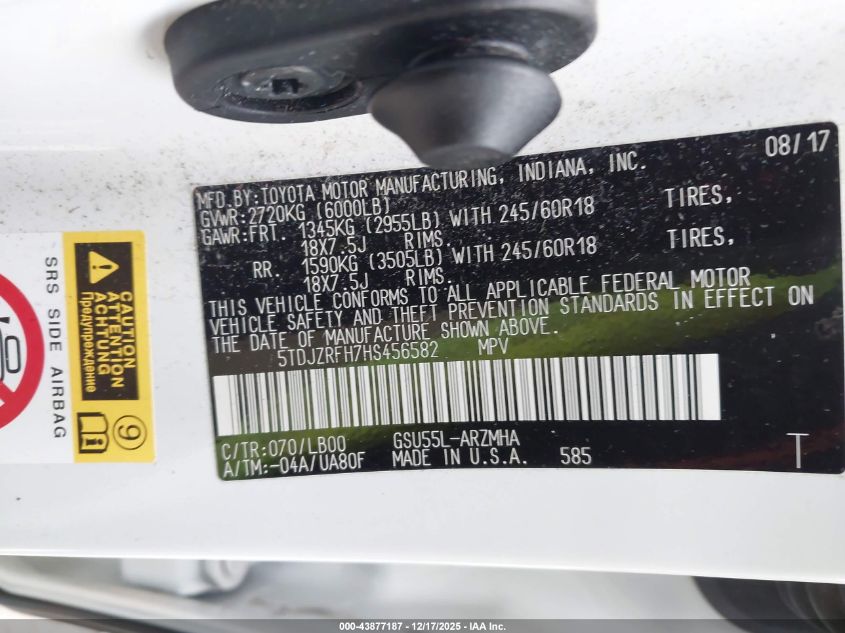 2017 Toyota Highlander Xle VIN: 5TDJZRFH7HS456582 Lot: 43877187