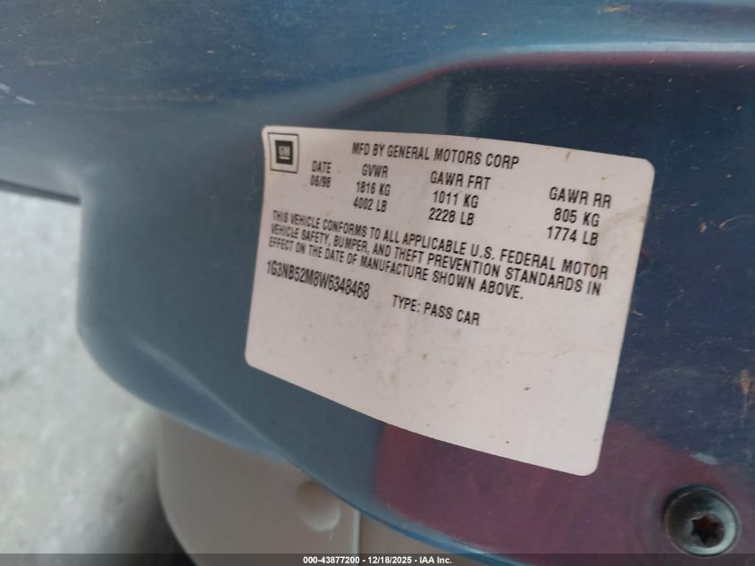 1998 Oldsmobile Cutlass Gl VIN: 1G3NB52M8W6348468 Lot: 43877200