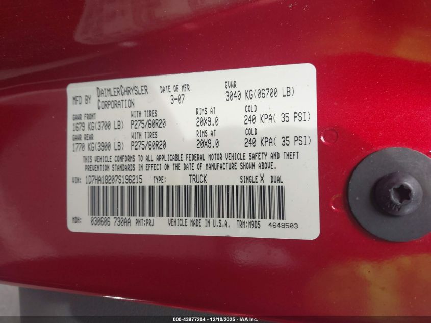 2007 Dodge Ram 1500 Slt VIN: 1D7HA18207S196215 Lot: 43877204