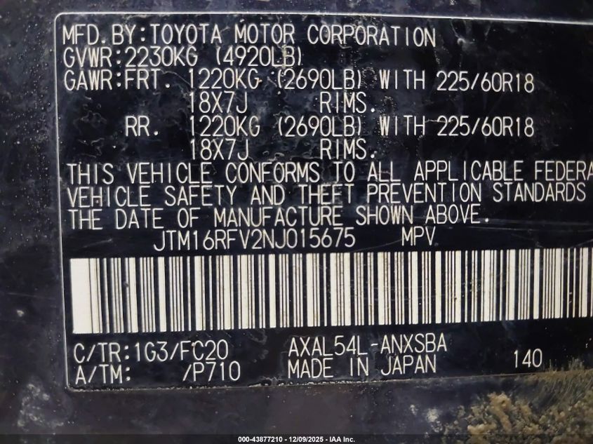 2022 Toyota Rav4 Hybrid Se VIN: JTM16RFV2NJ015675 Lot: 43877210