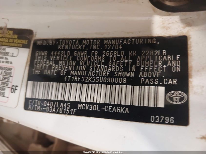 2005 Toyota Camry Xle V6 VIN: 4T1BF32K55U098008 Lot: 43877212