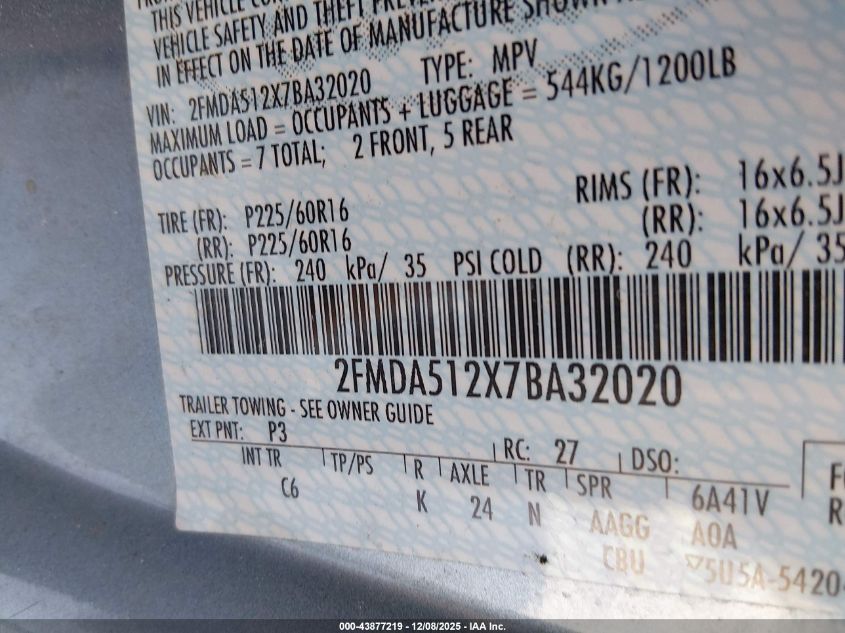 2007 Ford Freestar Se VIN: 2FMDA512X7BA32020 Lot: 43877219