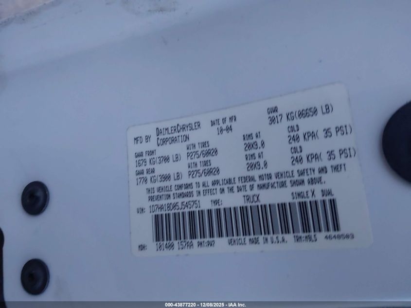 2005 Dodge Ram 1500 Slt/Laramie VIN: 1D7HA18D05J545751 Lot: 43877220