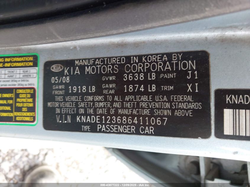 2008 Kia Rio Lx VIN: KNADE123686411067 Lot: 43877222