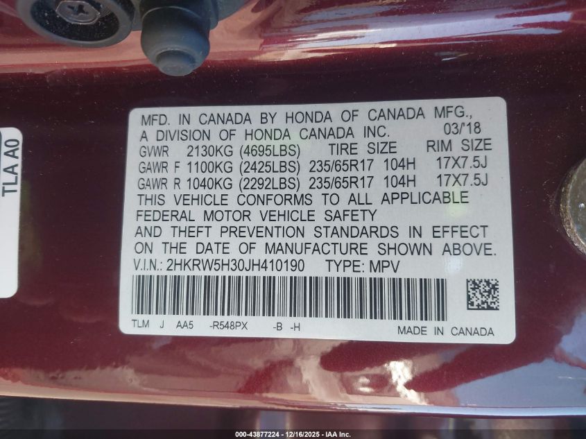 2018 Honda Cr-V Lx VIN: 2HKRW5H30JH410190 Lot: 43877224