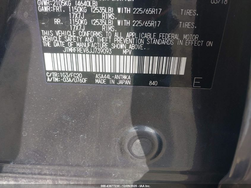 2018 Toyota Rav4 Xle VIN: JTMRFREV8JJ739093 Lot: 43877230