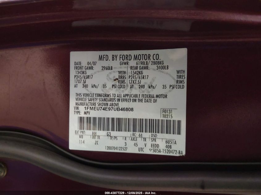 2007 Ford Explorer Eddie Bauer VIN: 1FMEU74E97UB46808 Lot: 43877229