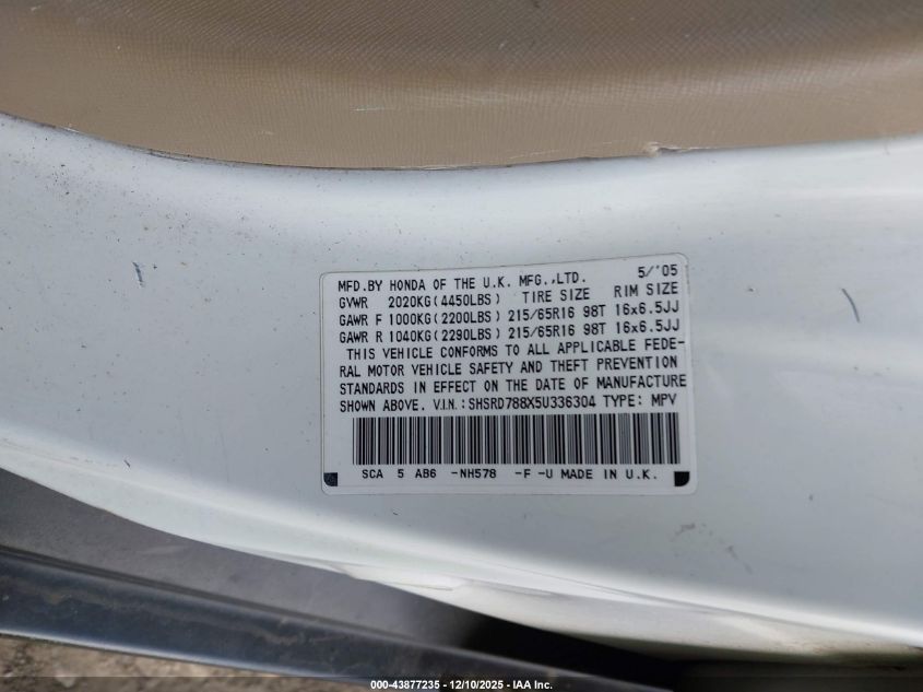 2005 Honda Cr-V Ex VIN: SHSRD788X5U336304 Lot: 43877235