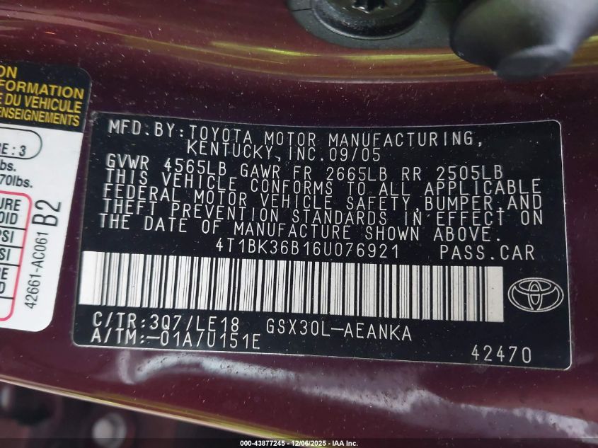 2006 Toyota Avalon Touring VIN: 4T1BK36B16U076921 Lot: 43877245