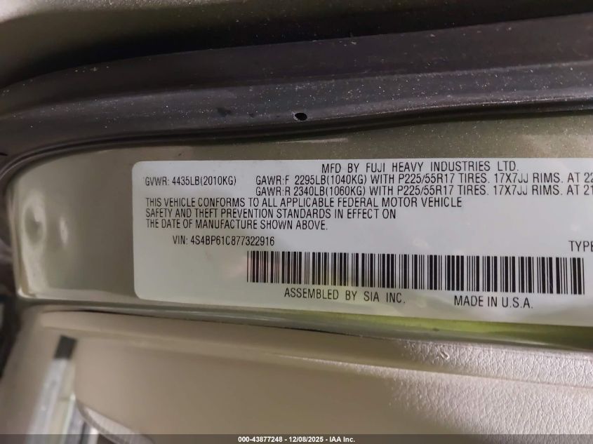 2007 Subaru Outback 2.5I VIN: 4S4BP61C877322916 Lot: 43877248