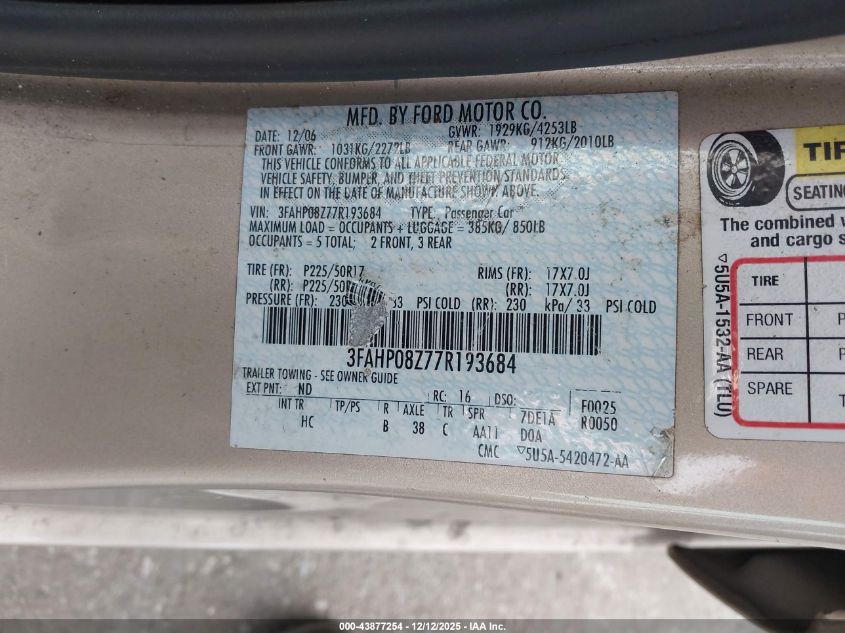 2007 Ford Fusion Sel VIN: 3FAHP08Z77R193684 Lot: 43877254