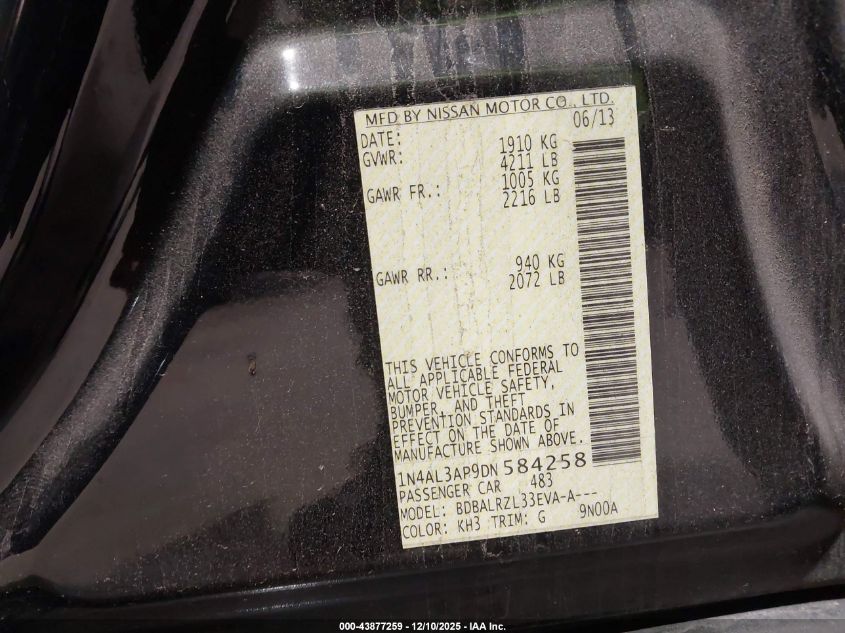 2013 Nissan Altima 2.5 S VIN: 1N4AL3AP9DN584258 Lot: 43877259