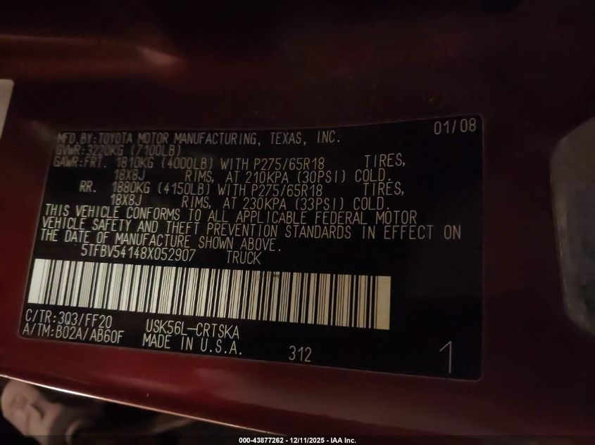 2008 Toyota Tundra Sr5 5.7L V8 VIN: 5TFBV54148X052907 Lot: 43877262