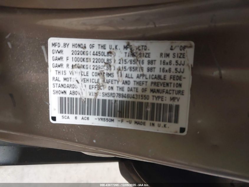 2006 Honda Cr-V Se VIN: SHSRD78946U431550 Lot: 43877265